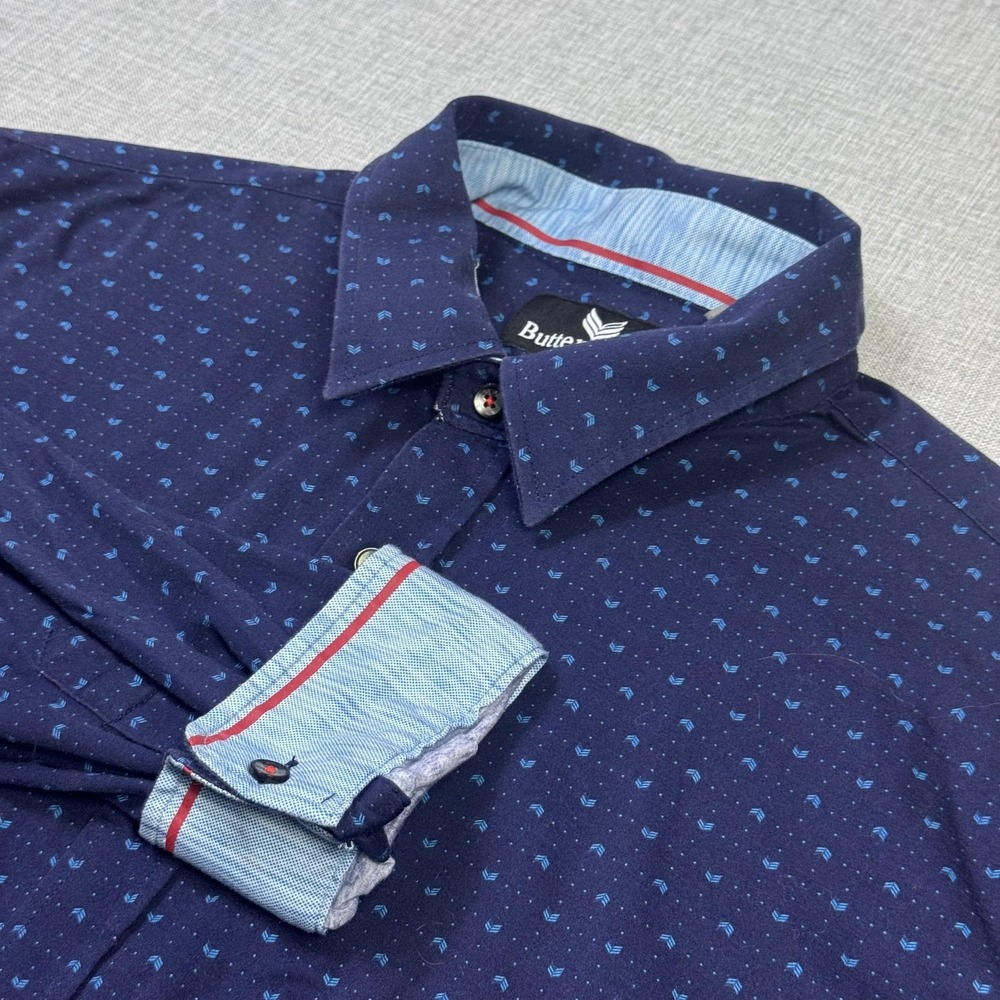 Butter Cloth Button-Up Dress Shirt Mens 2XL Blue All Over Print Long Sleeve
